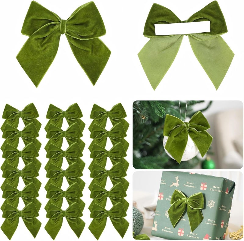 LiBongTa 3.5" Moss Green Bows Velvet Ribbon Bow with Self Adhesive, Small Gift Bows Decor, Light Green Christmas Bows for Treat Bag, Candy Pop, Basket, Party Favor, Craft Bow for Gift Wrapping-24 PCs - Image 1